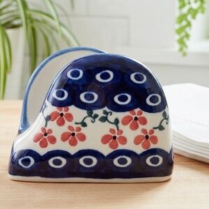 Wiza Polish Pottery Napkin Holder Boleslawiec Hand Painted Floral Peacock Eye